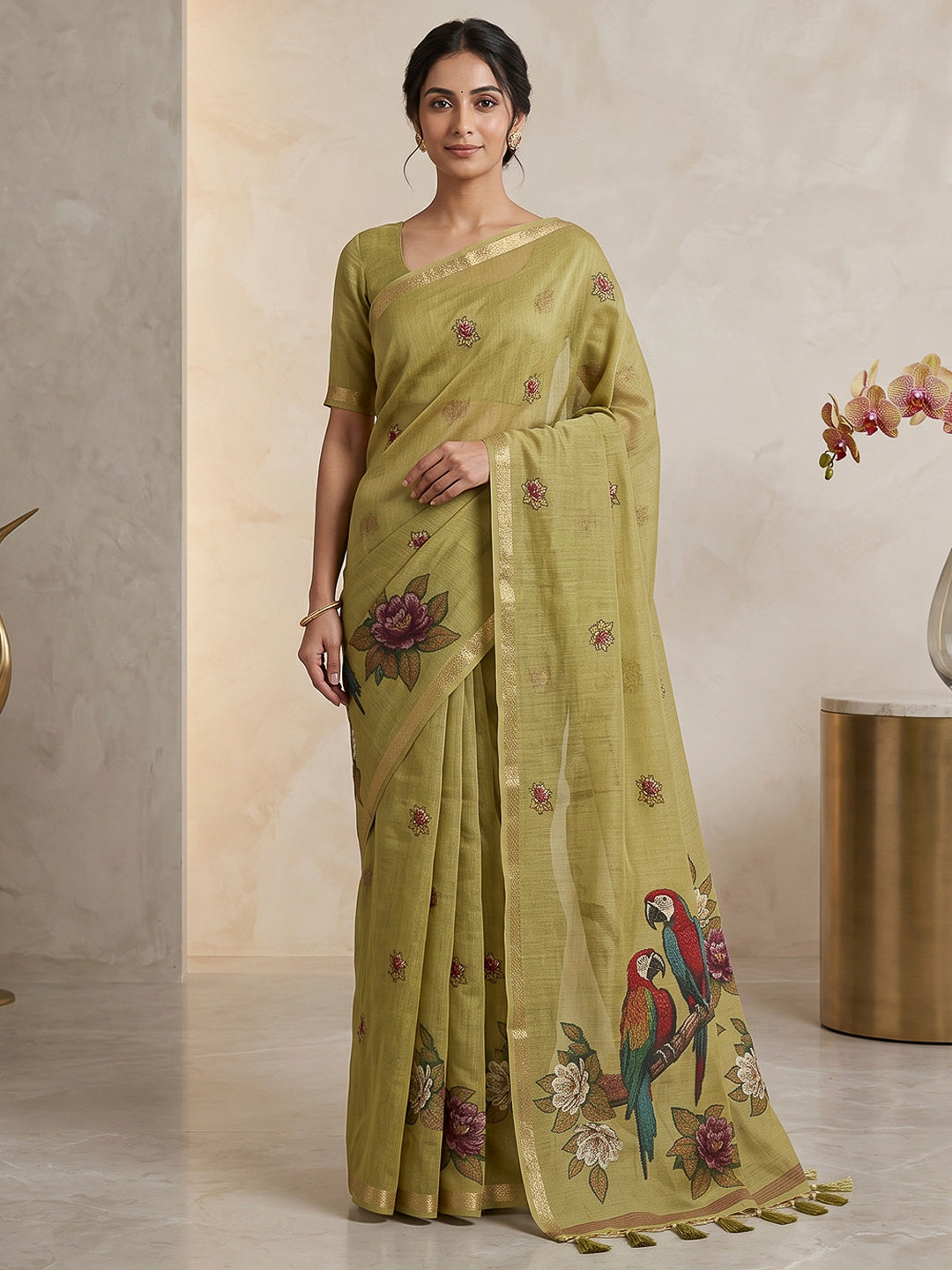 Olive-Green Cotton Blend Woven Saree
