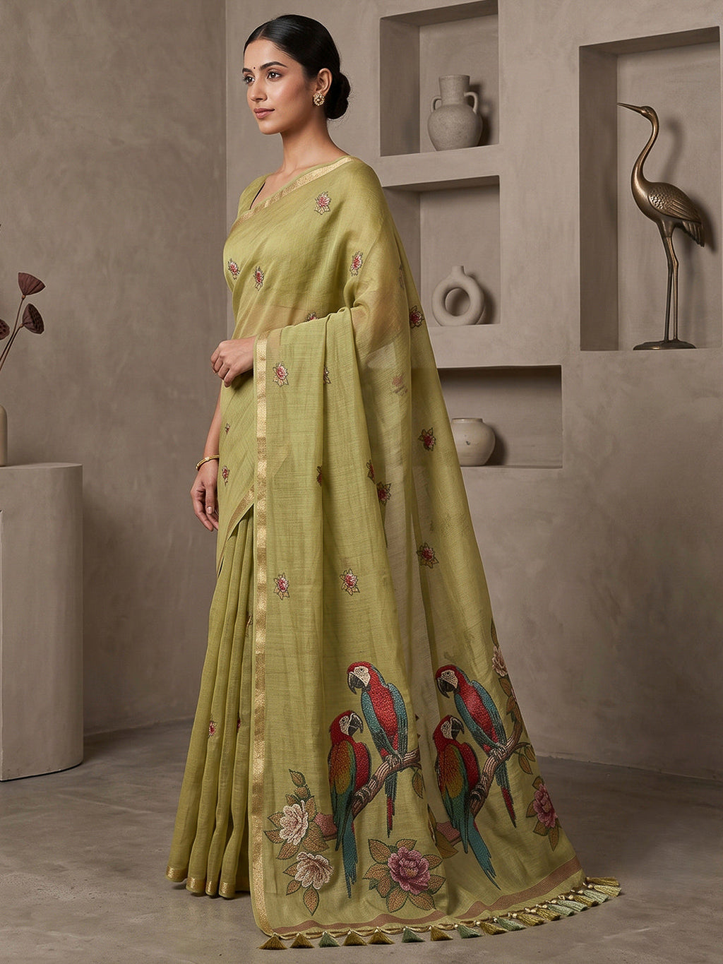Olive-Green Cotton Blend Woven Saree