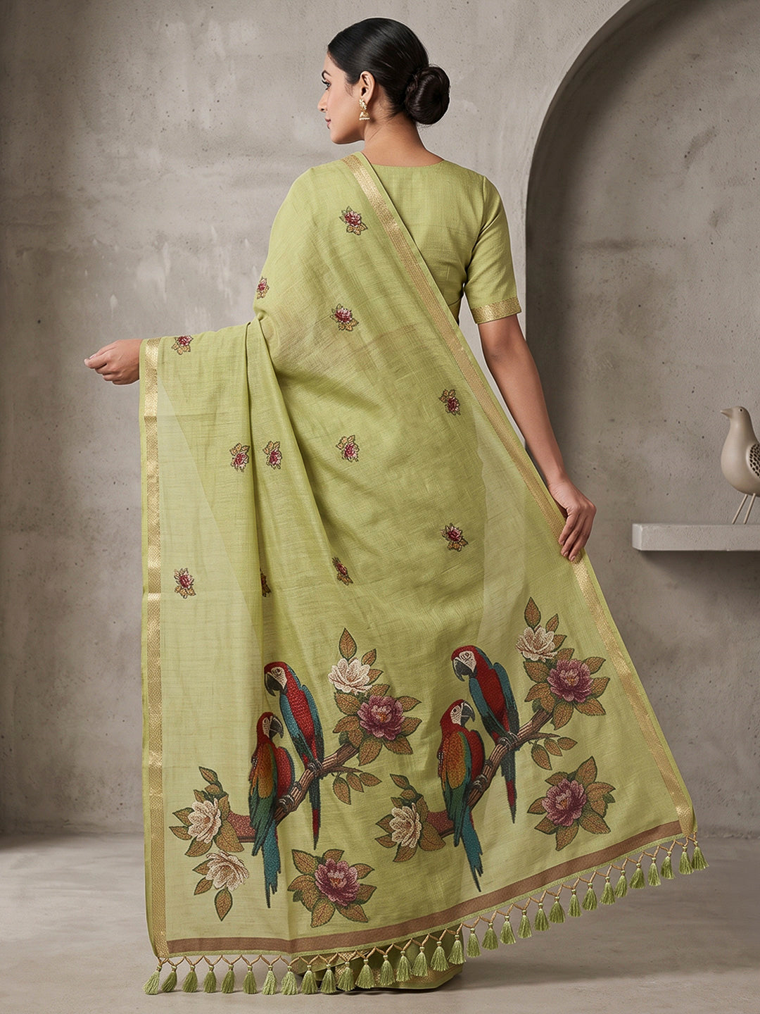Olive-Green Cotton Blend Woven Saree
