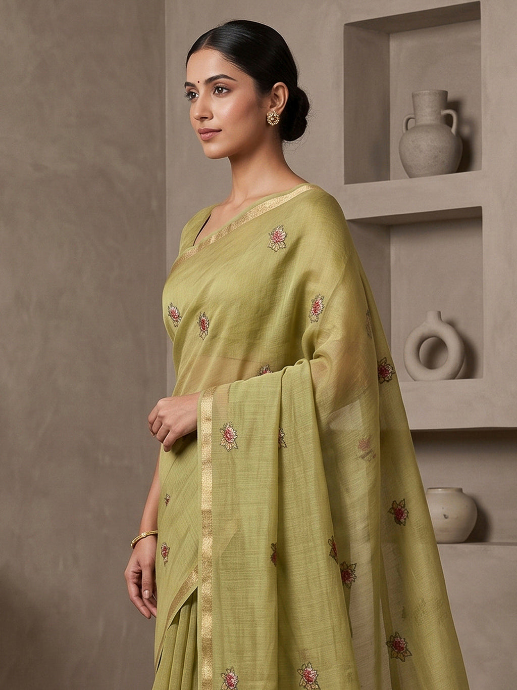 Olive-Green Cotton Blend Woven Saree