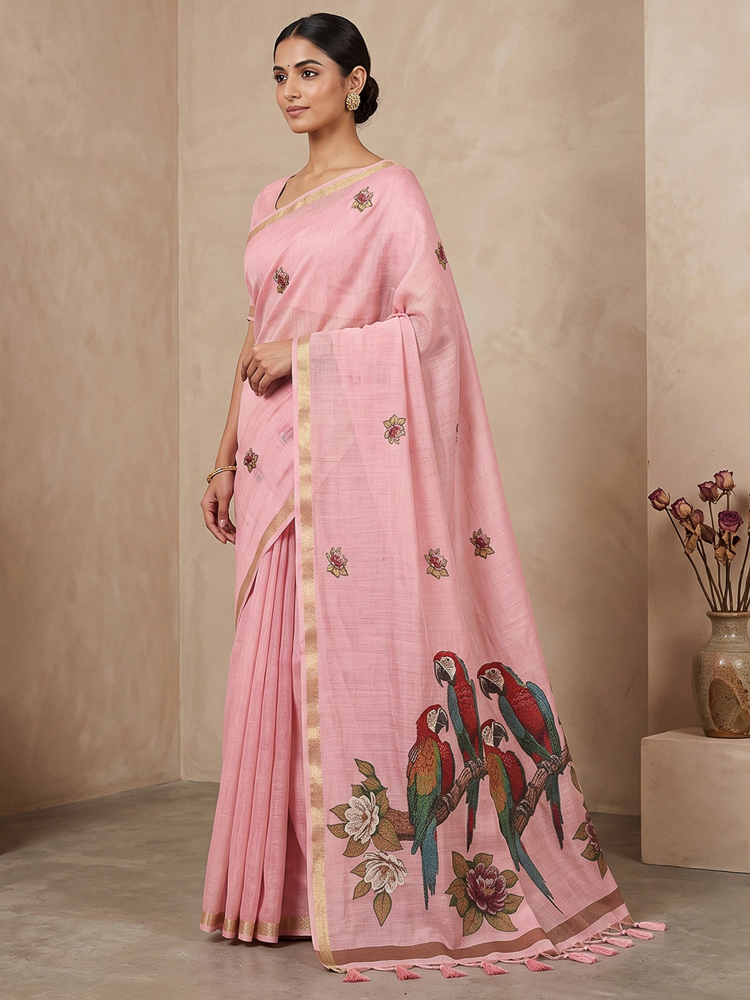 Pink Cotton Blend Woven Saree