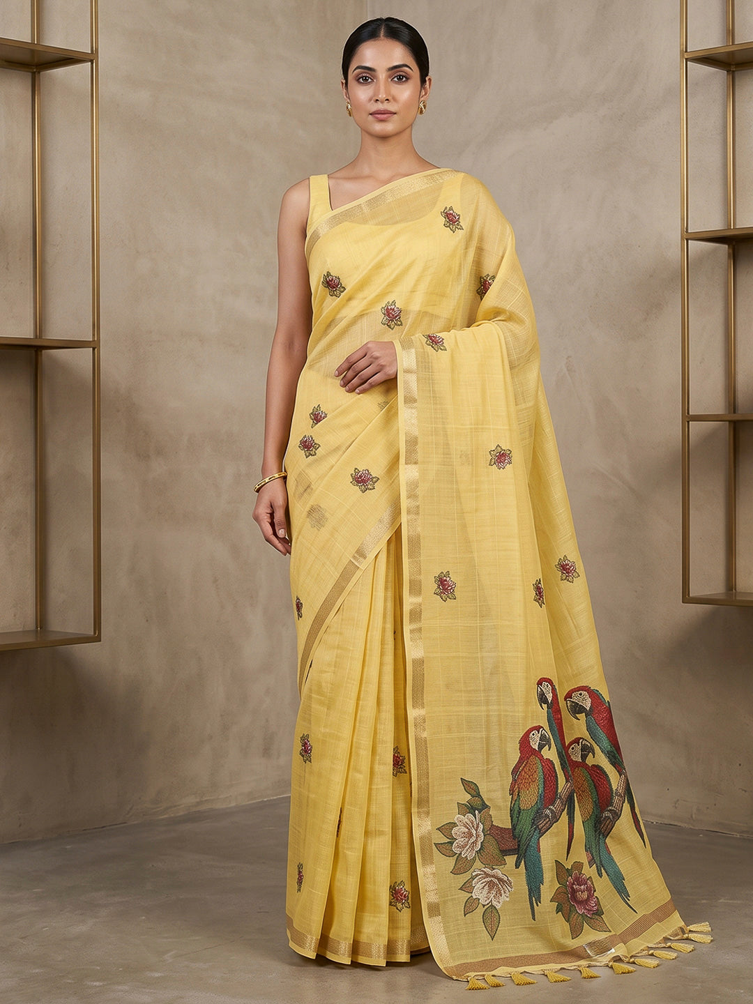 Yellow Cotton Blend Woven Saree