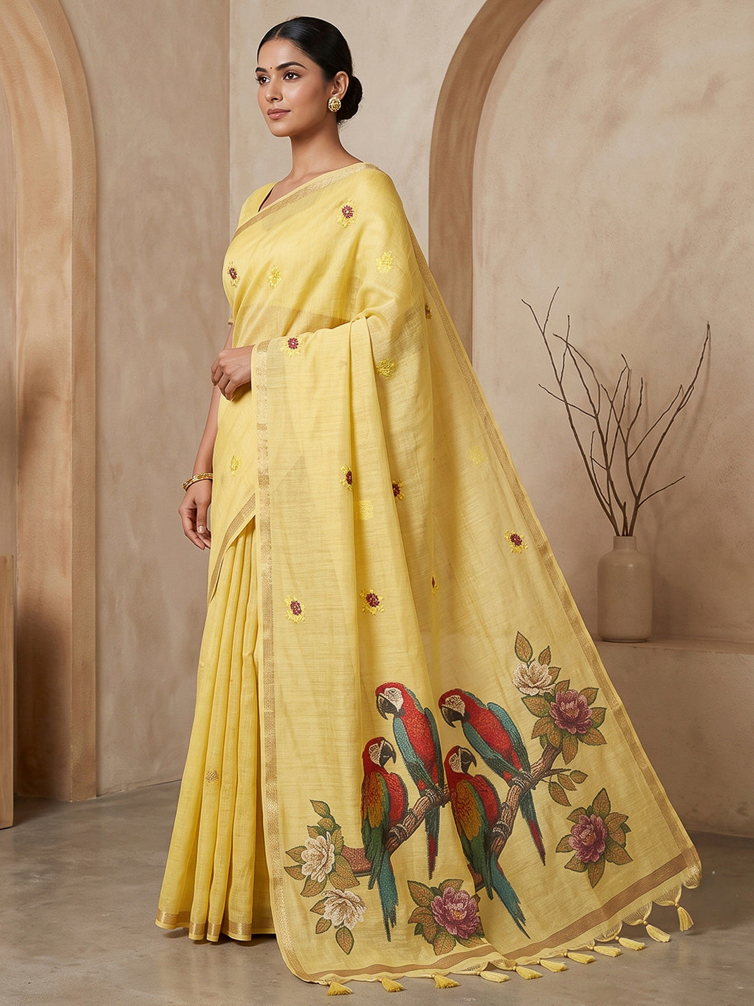 Yellow Cotton Blend Woven Saree