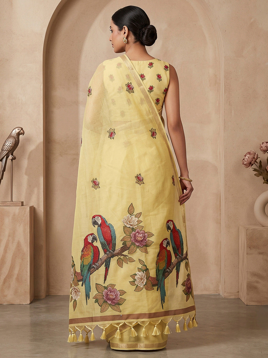 Yellow Cotton Blend Woven Saree