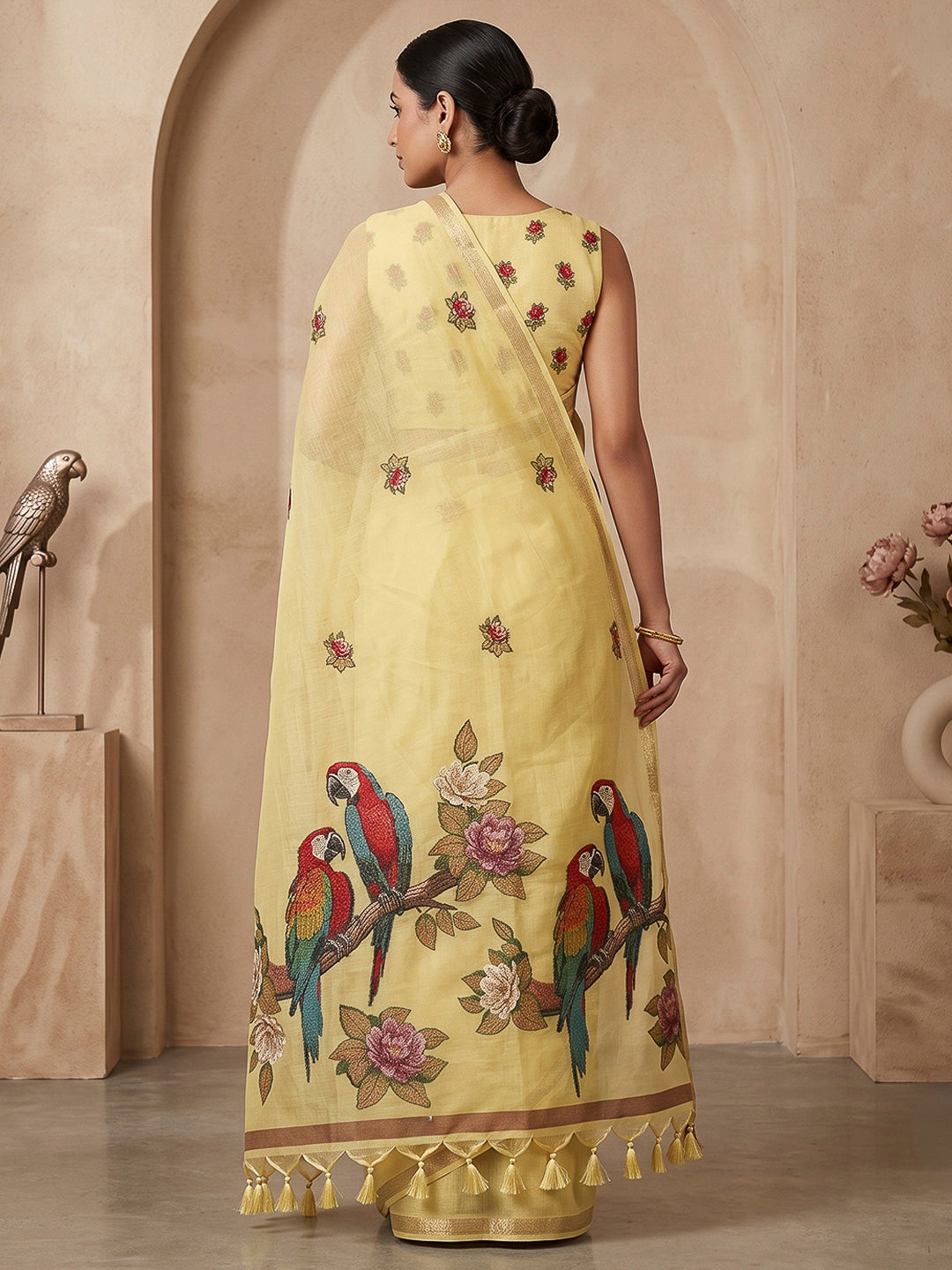 Yellow Cotton Blend Woven Saree
