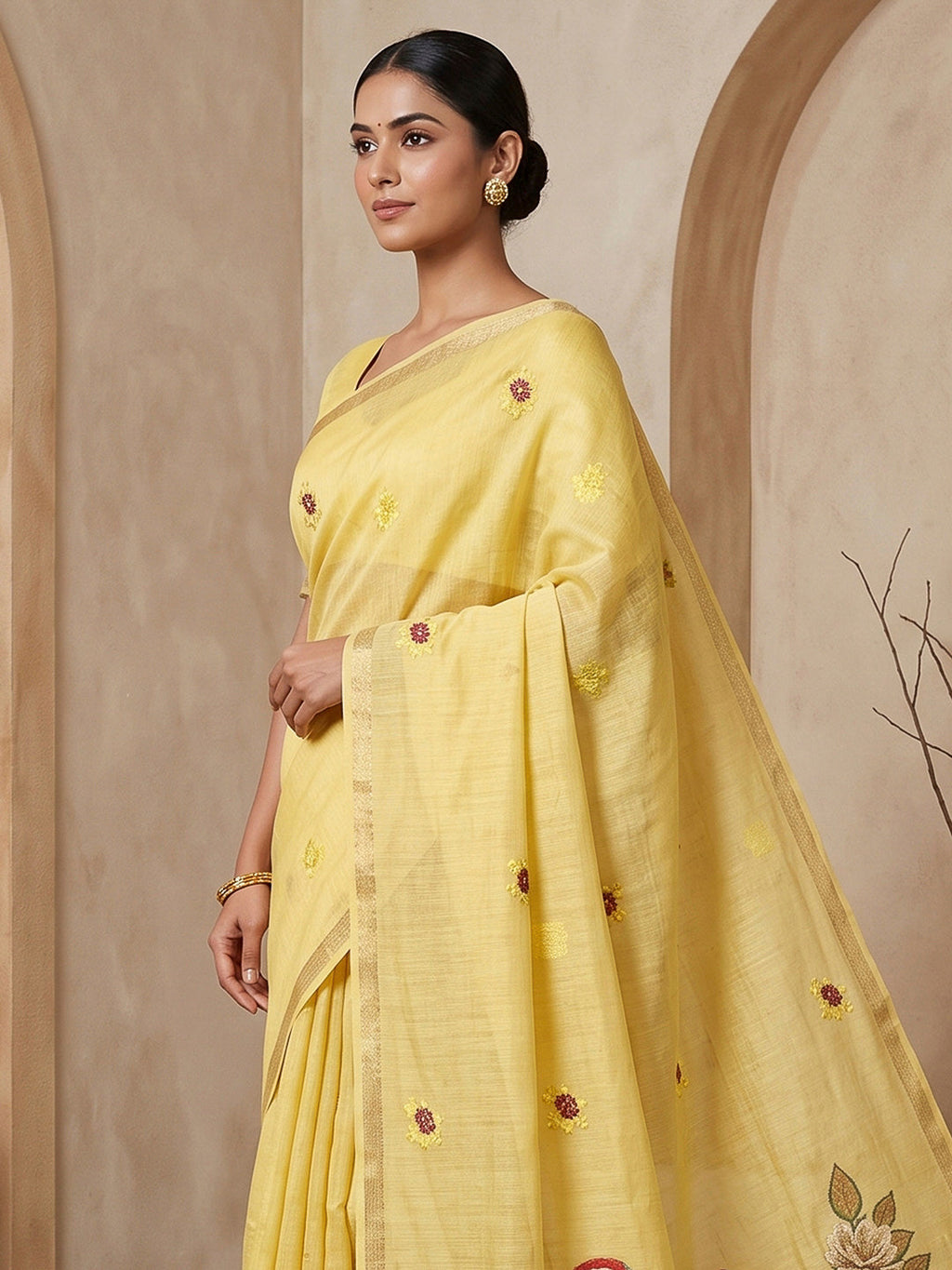 Yellow Cotton Blend Woven Saree
