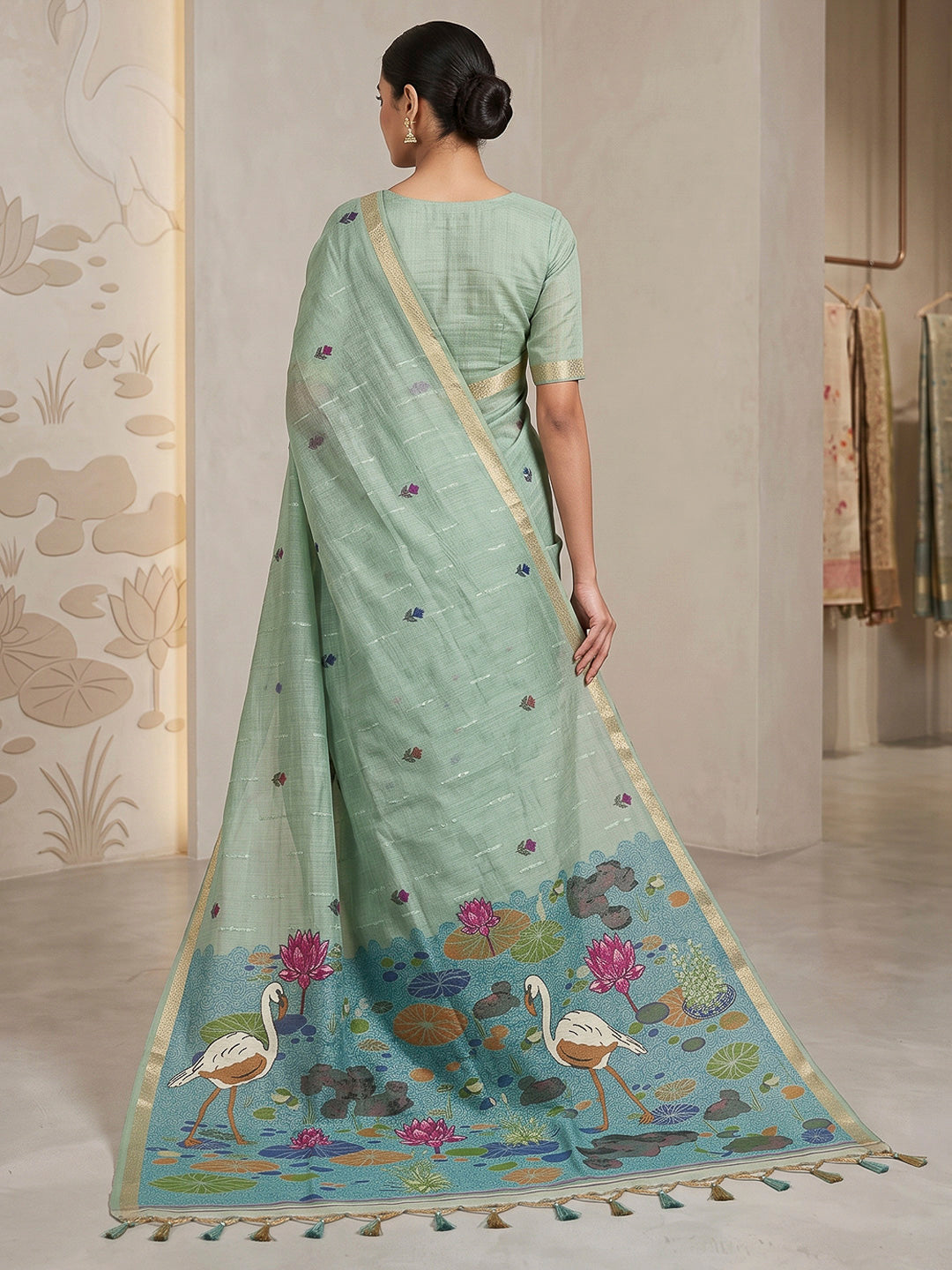 Blue Cotton Blend Woven Saree