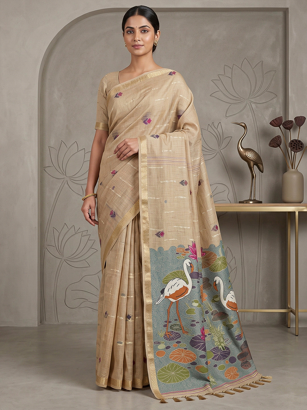 Off-White Cotton Blend Woven Saree
