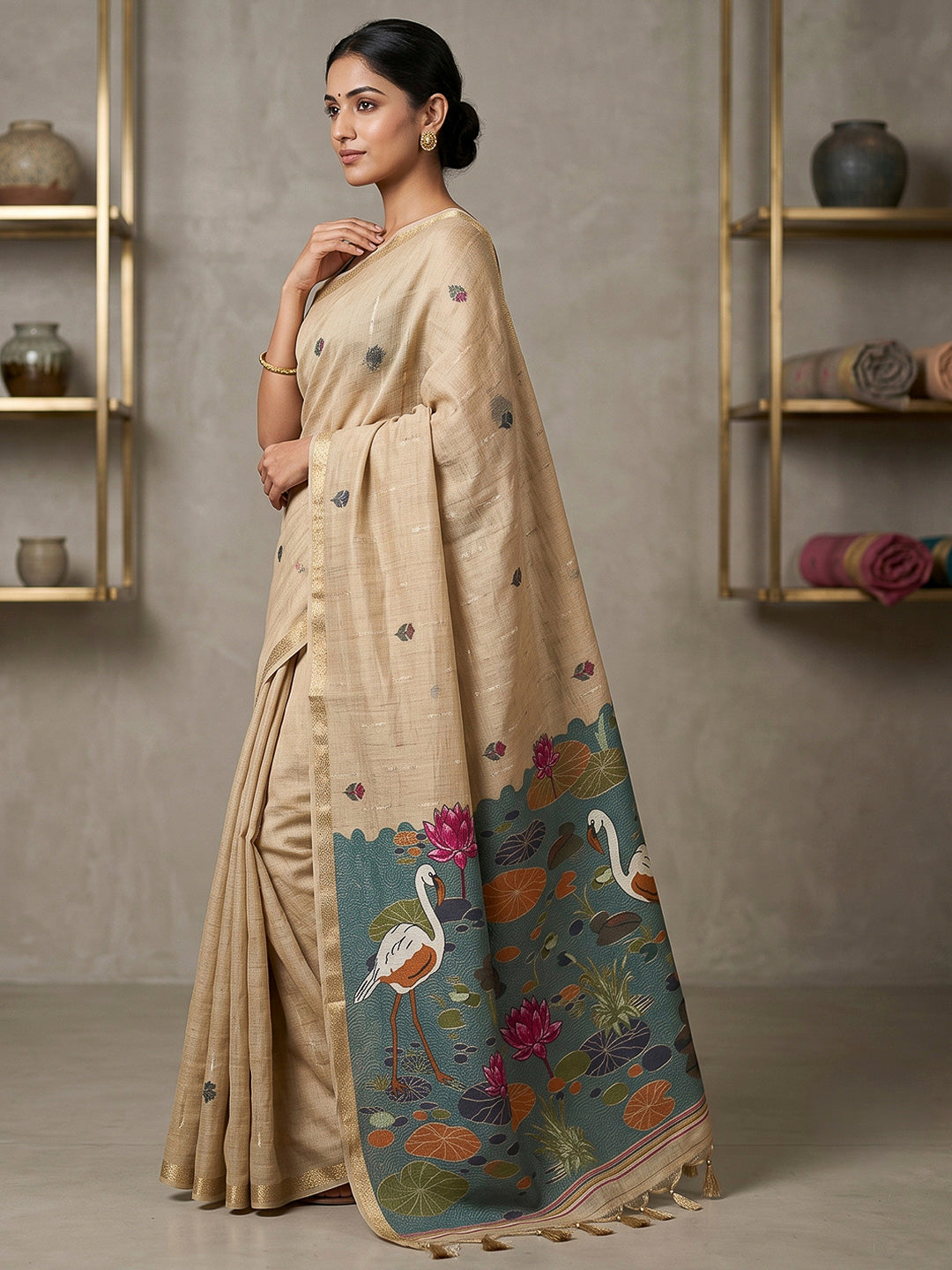 Off-White Cotton Blend Woven Saree