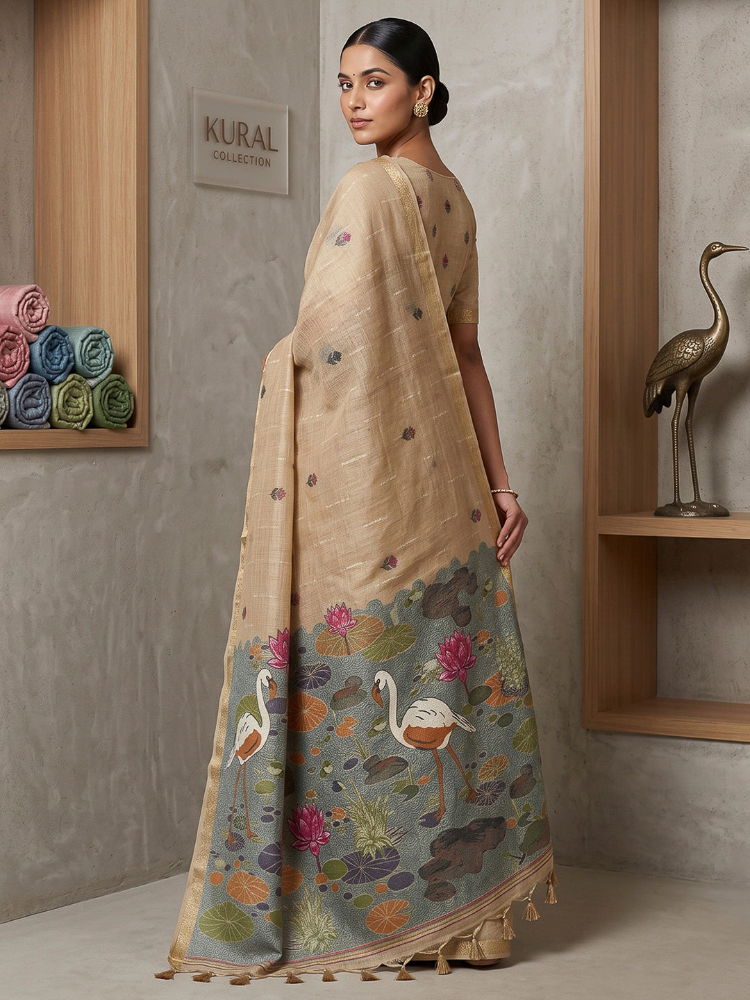 Off-White Cotton Blend Woven Saree