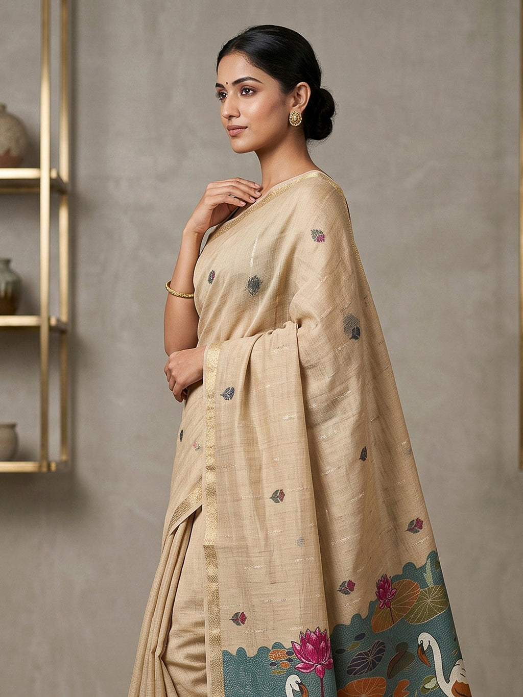 Off-White Cotton Blend Woven Saree