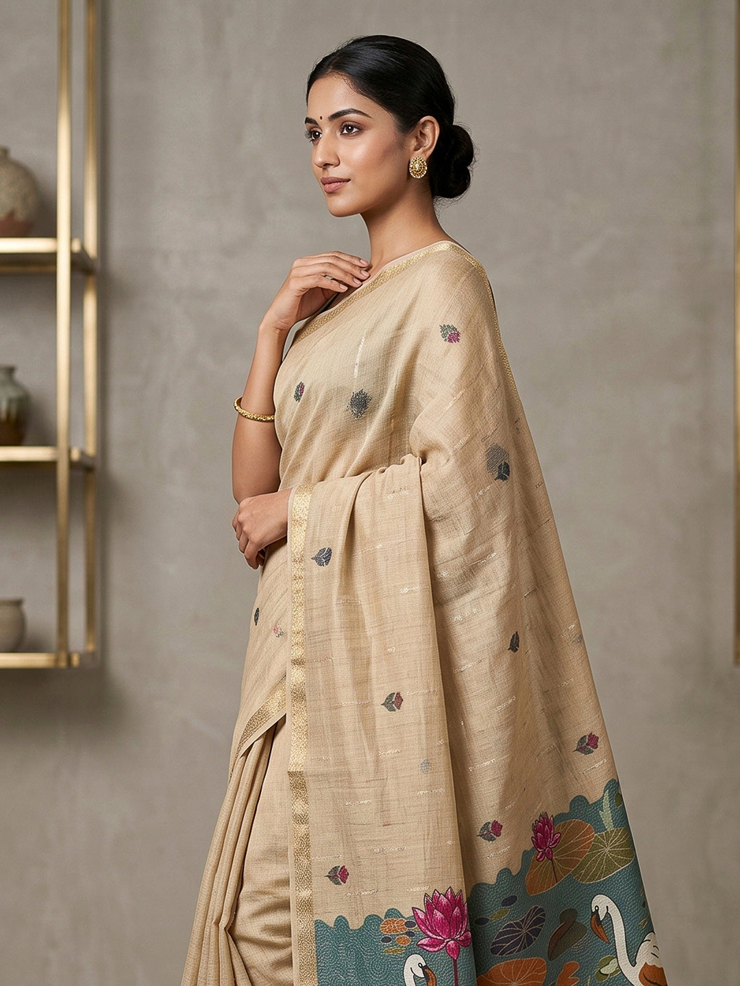Off-White Cotton Blend Woven Saree