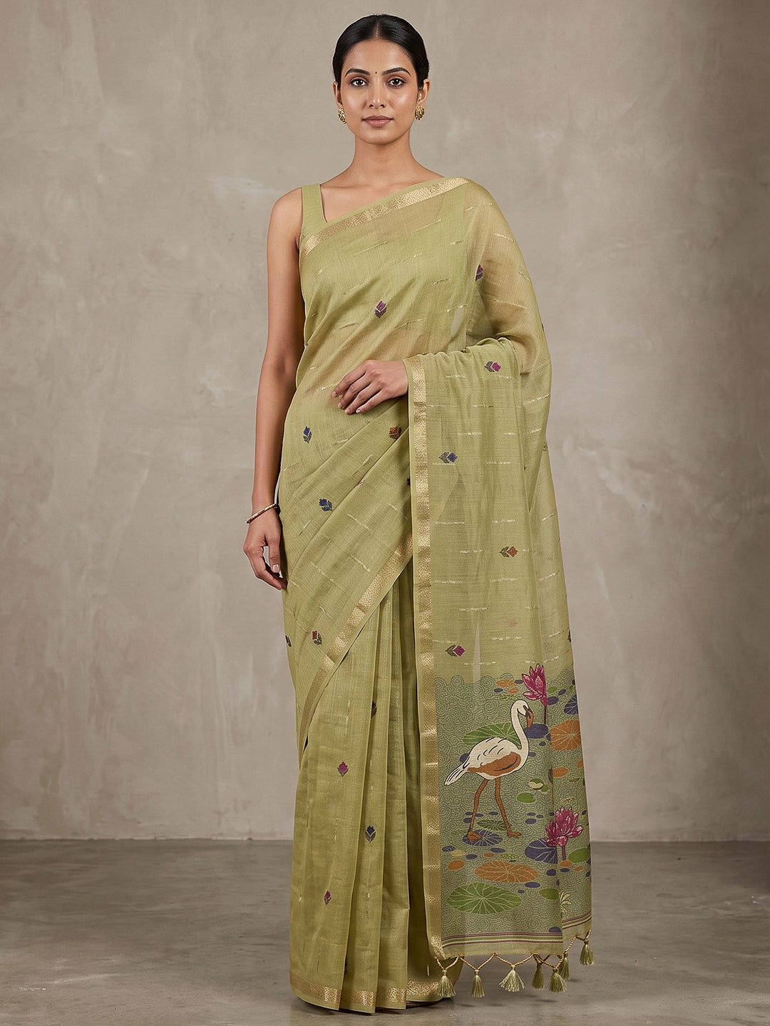 Olive-Green Cotton Blend Woven Saree