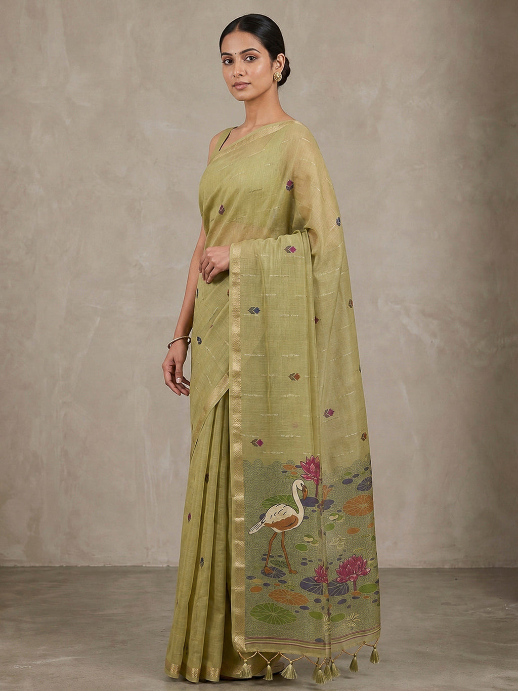 Olive-Green Cotton Blend Woven Saree