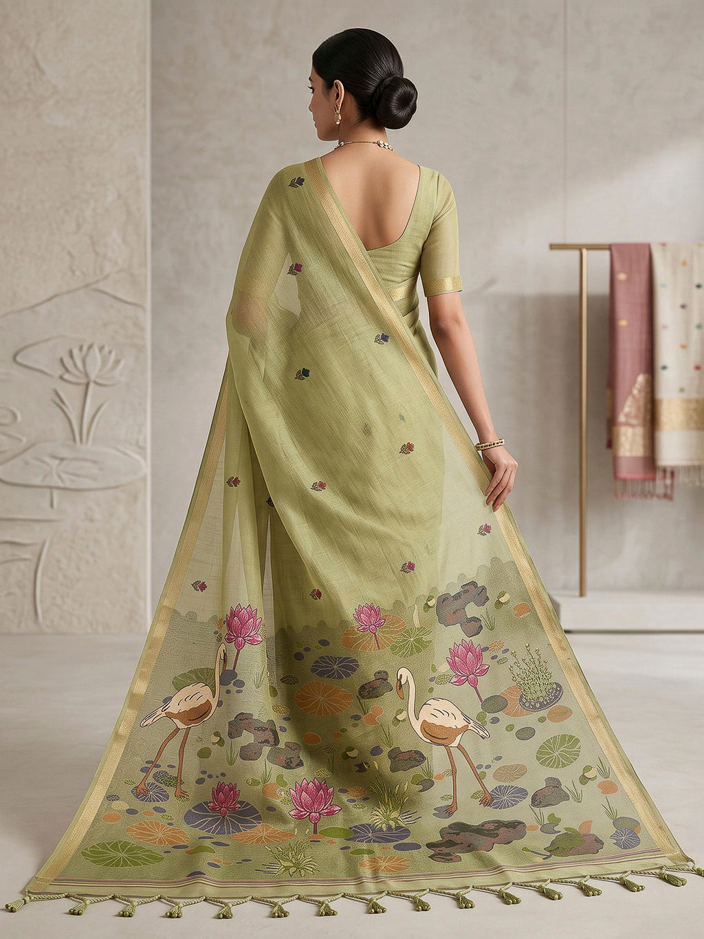 Olive-Green Cotton Blend Woven Saree