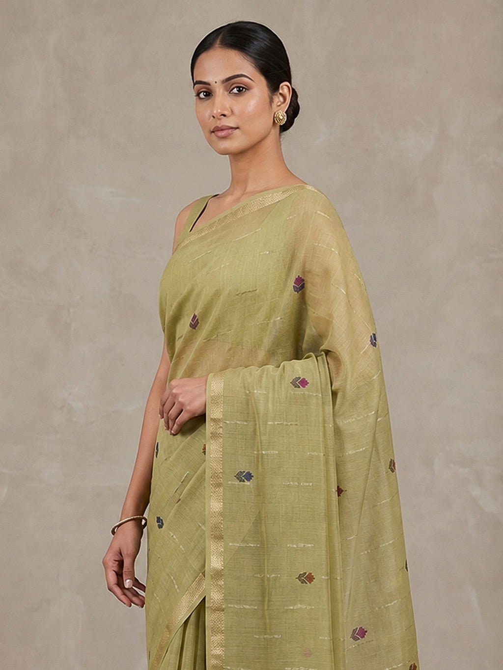 Olive-Green Cotton Blend Woven Saree