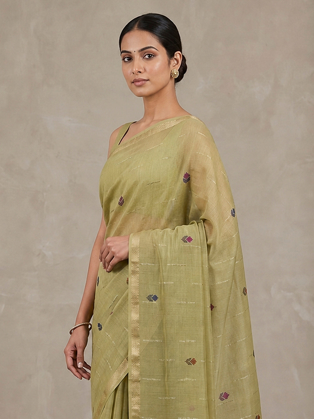 Olive-Green Cotton Blend Woven Saree