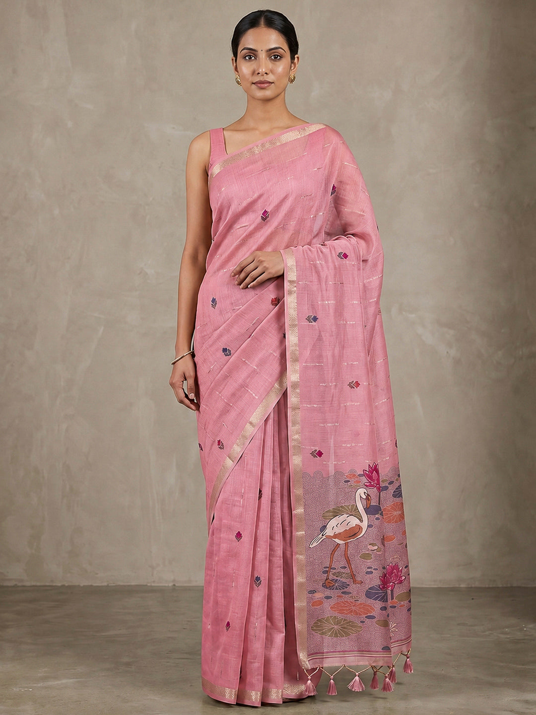 Pink Cotton Blend Woven Saree