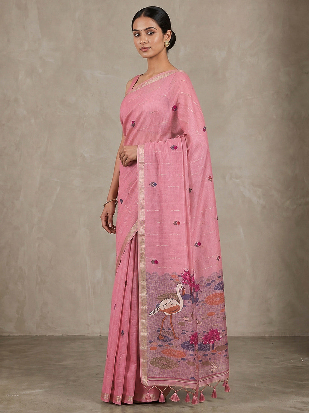 Pink Cotton Blend Woven Saree