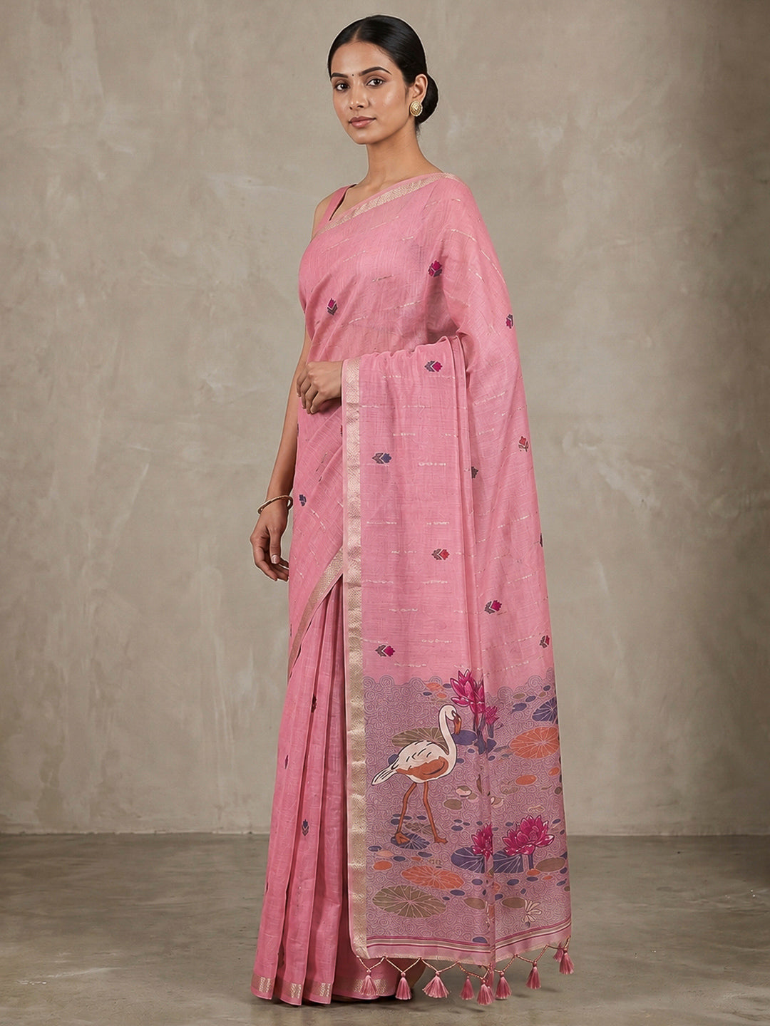 Pink Cotton Blend Woven Saree