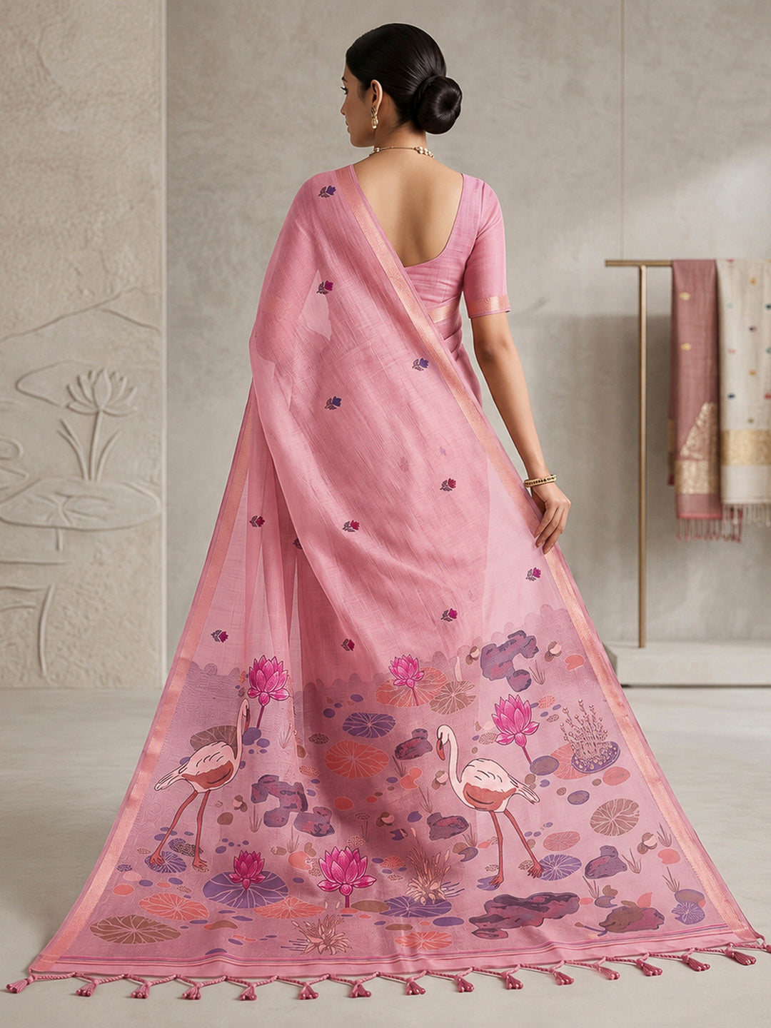 Pink Cotton Blend Woven Saree