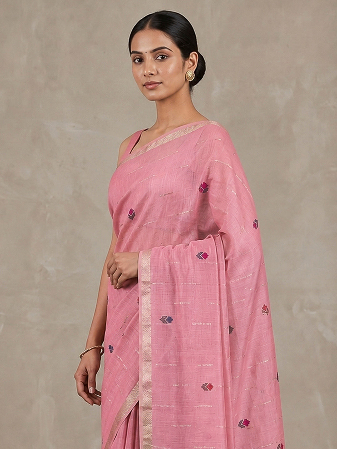 Pink Cotton Blend Woven Saree