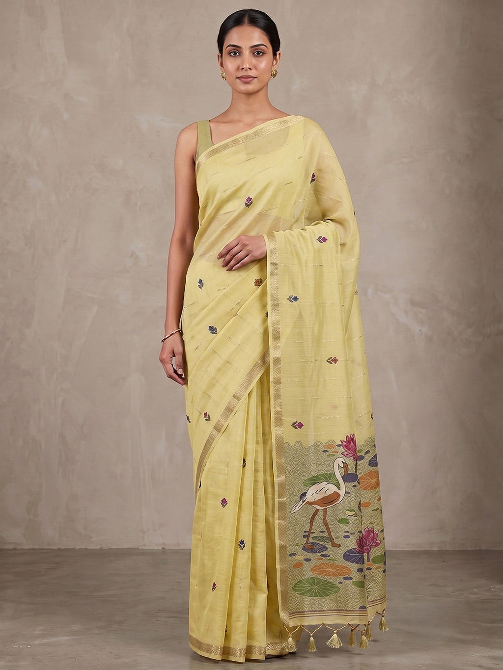 Yellow Cotton Blend Woven Saree