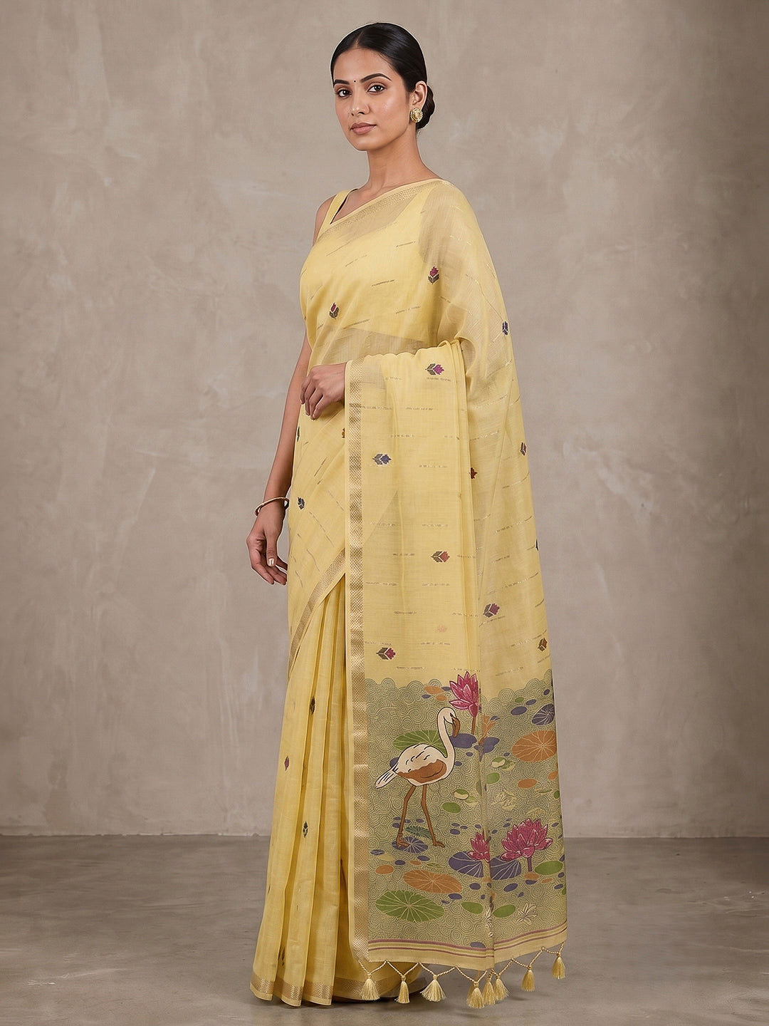 Yellow Cotton Blend Woven Saree