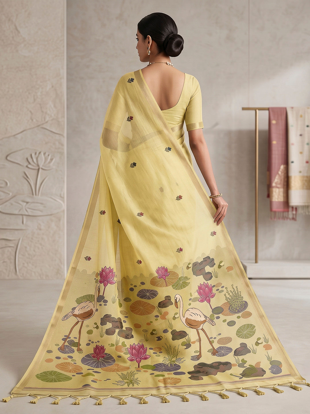 Yellow Cotton Blend Woven Saree