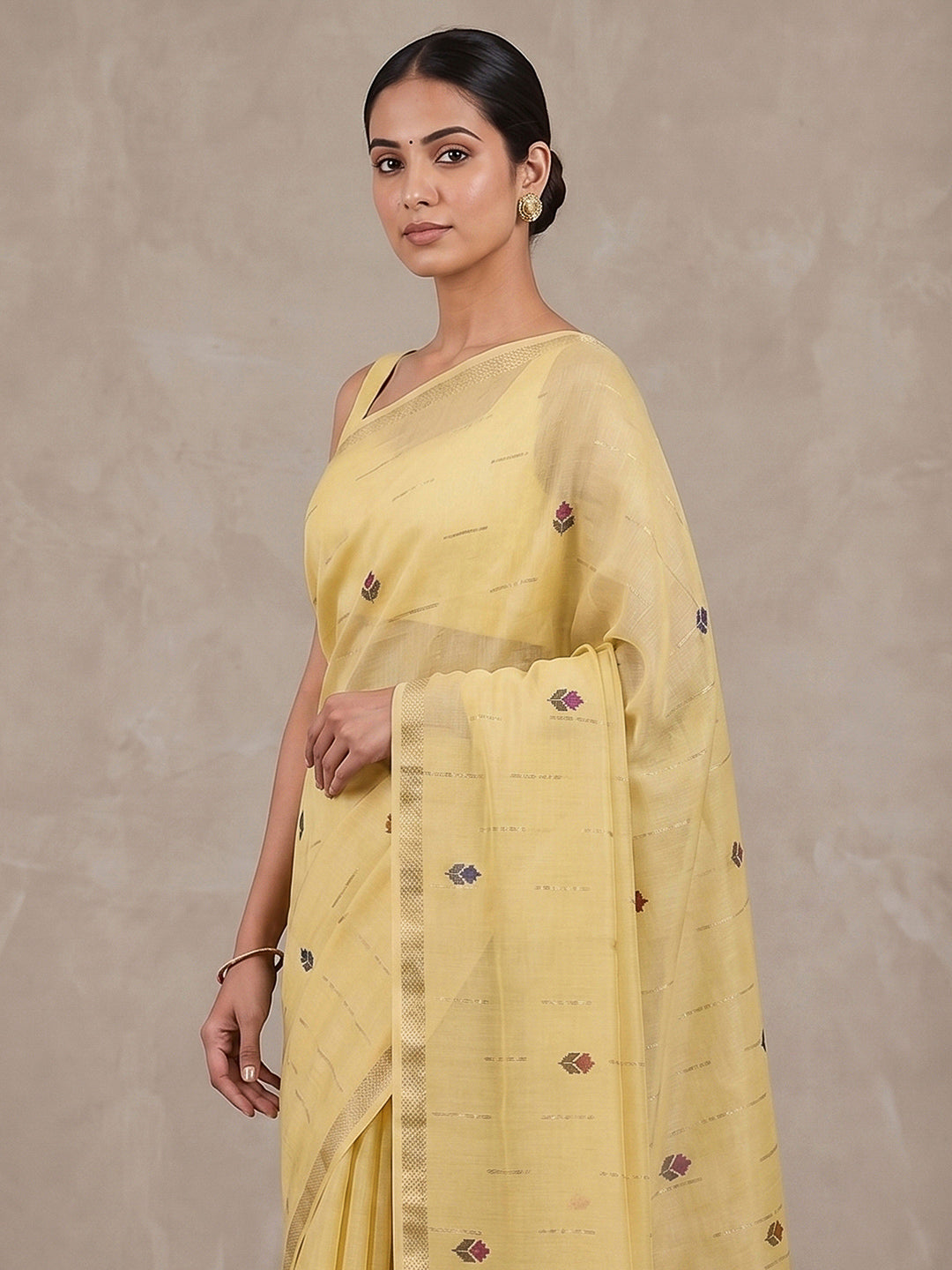 Yellow Cotton Blend Woven Saree