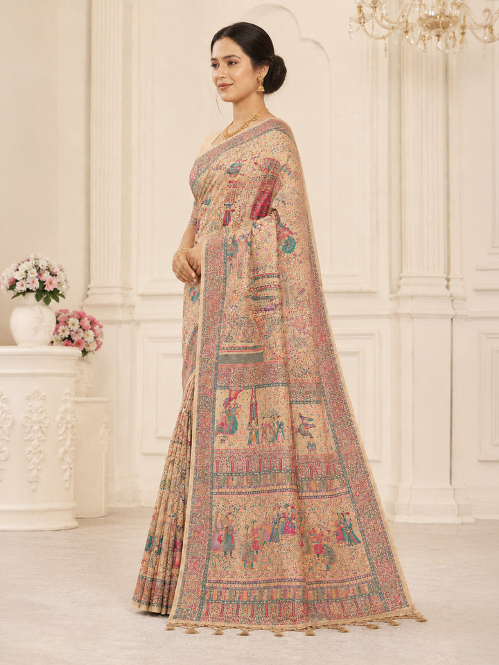 Off White Printed Art Silk Saree