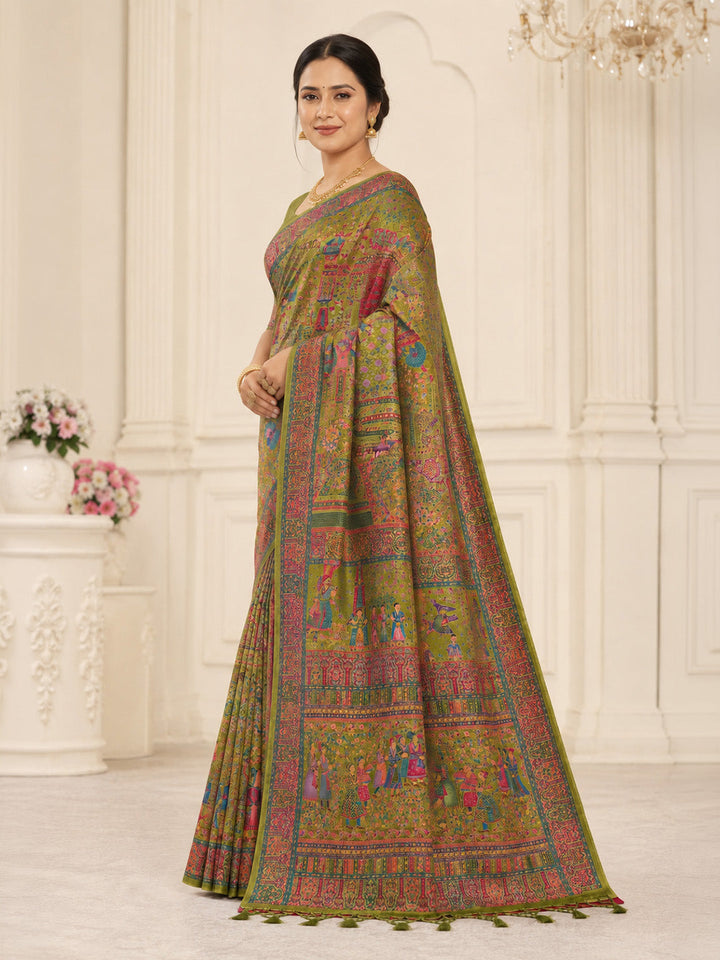 Olive Green Printed Art Silk Saree