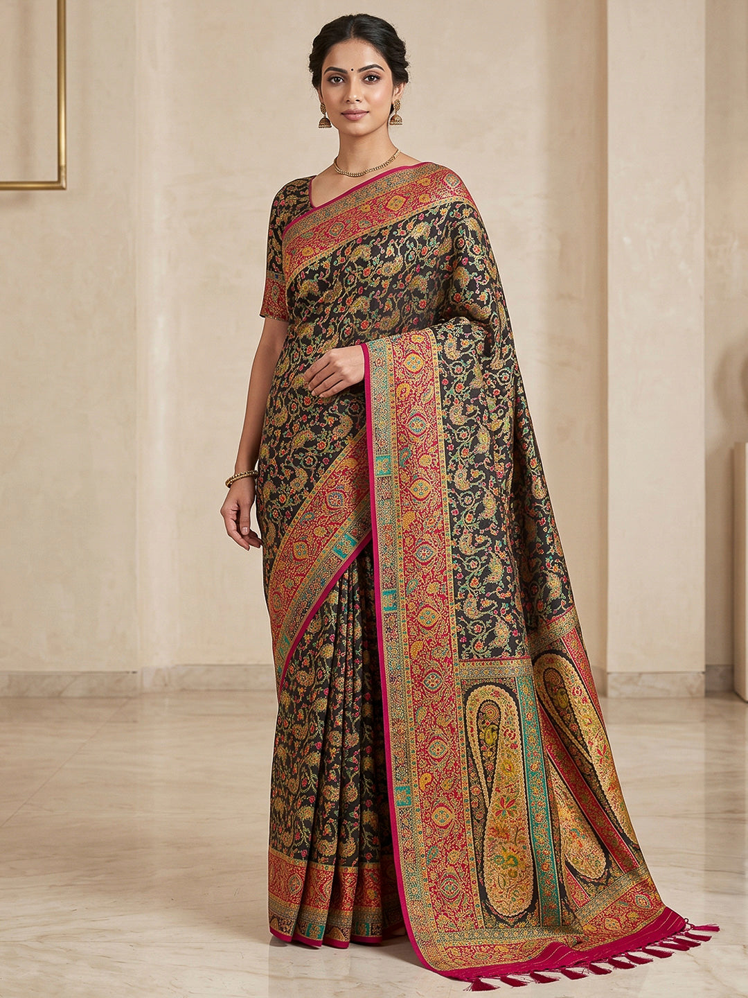 Black Art Silk Printed Saree