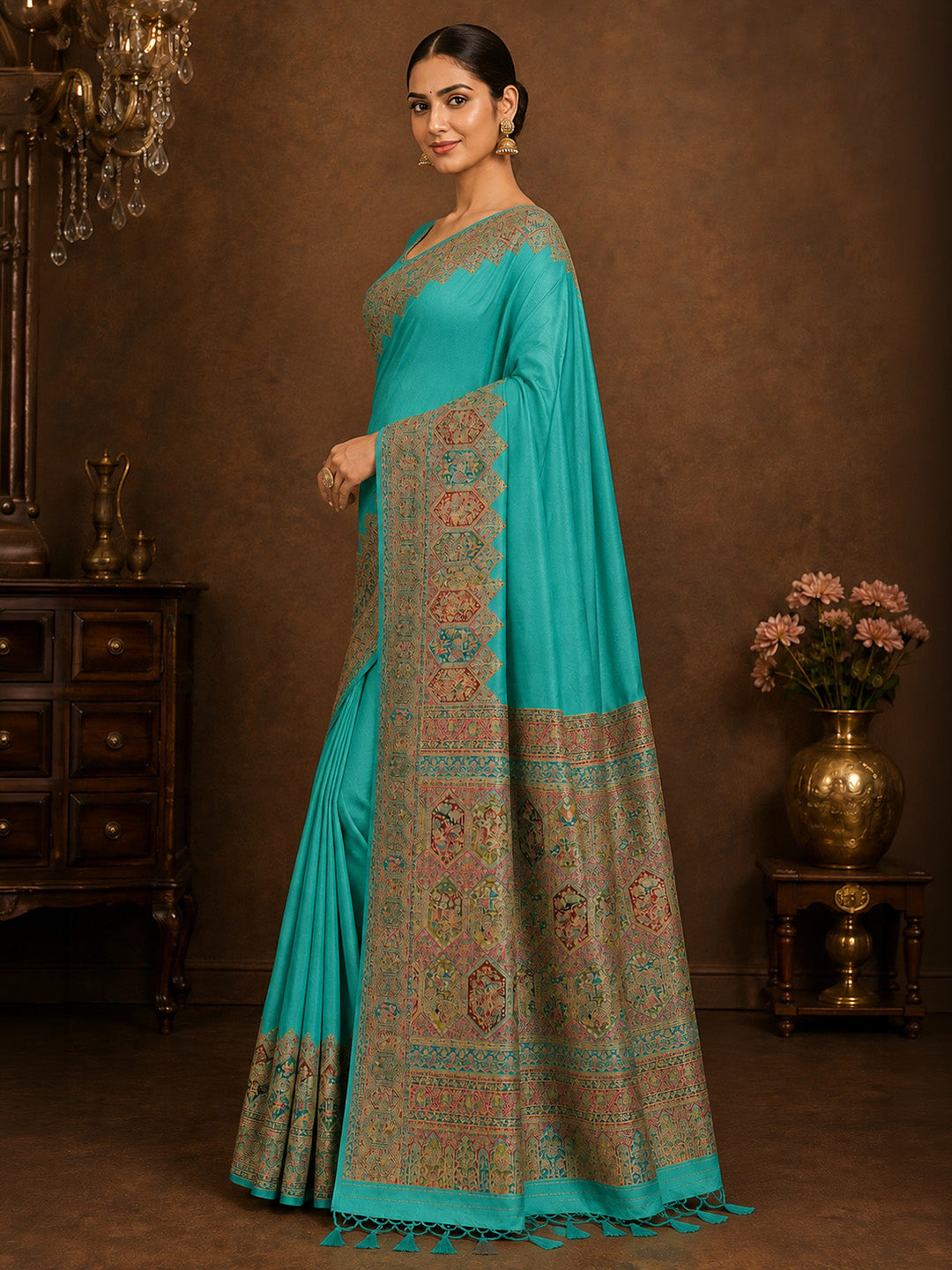 Blue Printed Art Silk Saree