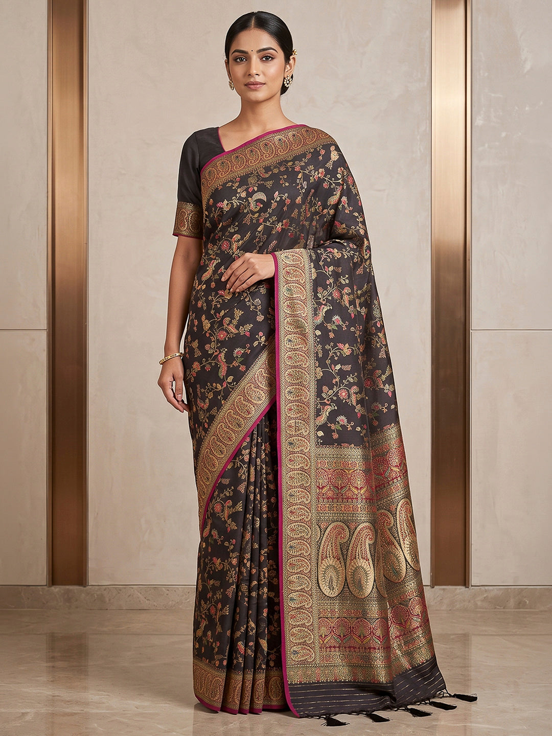Black Art Silk Printed Saree