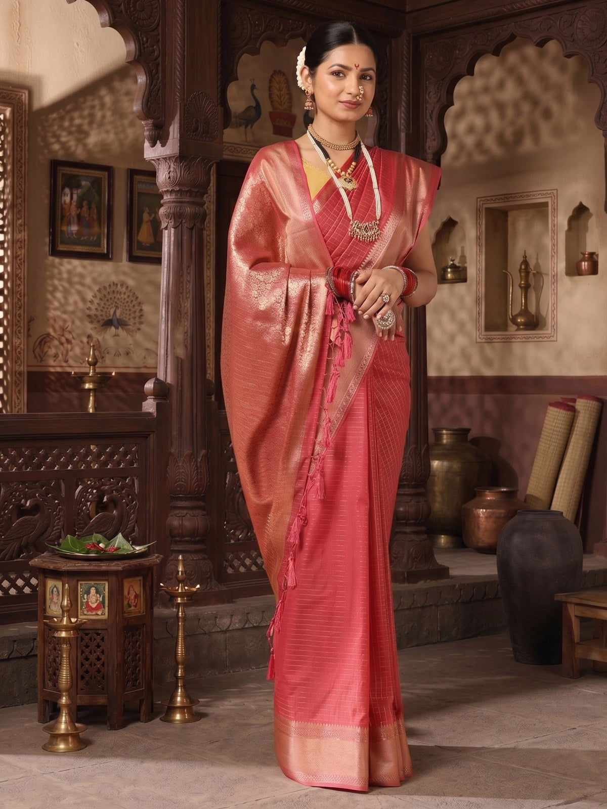 Peach Woven Design Art Silk Saree