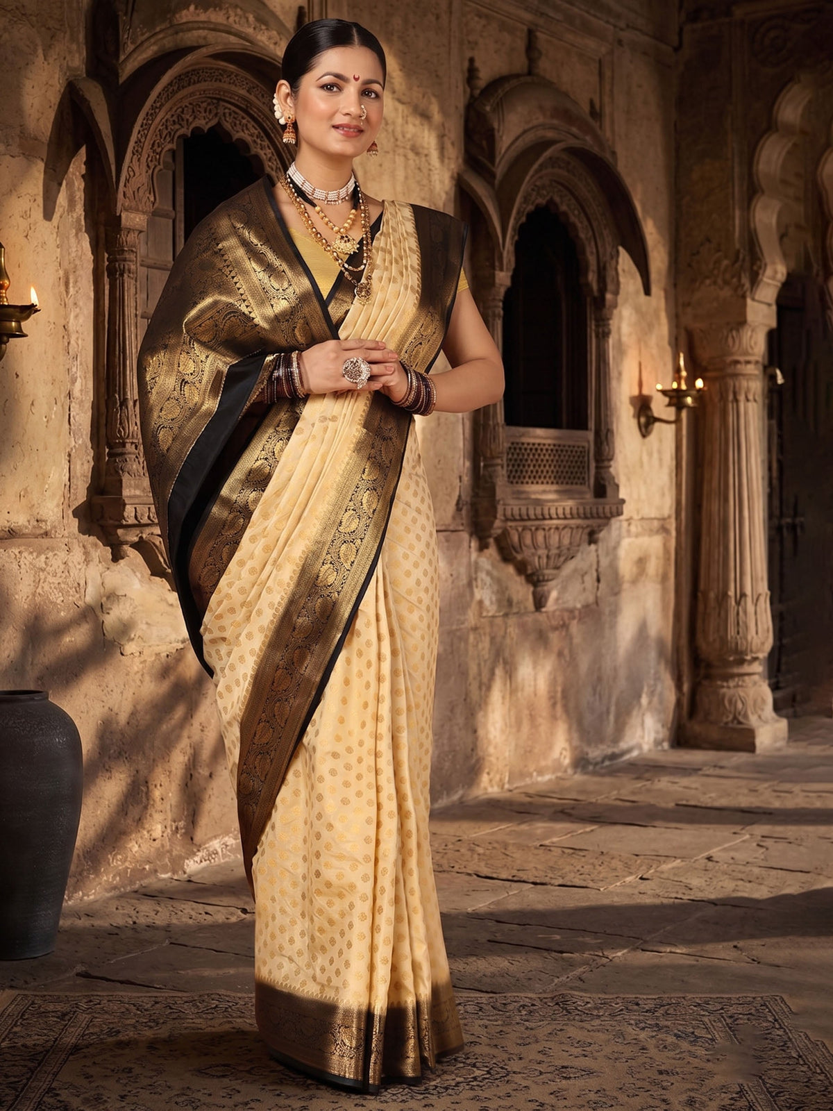 Off White Black Woven Design Balaton Saree