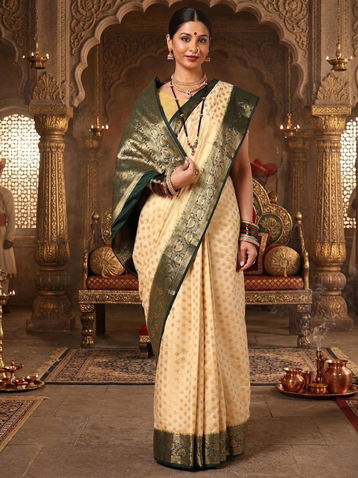 Off White Bottle Green Woven Design Balaton Saree