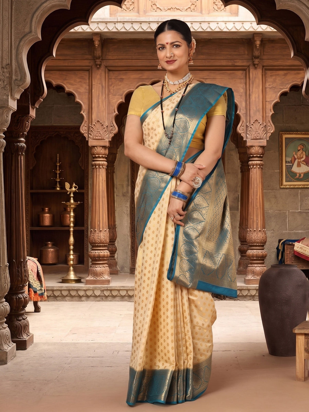 Off White Dark Blue Woven Design Balaton Saree