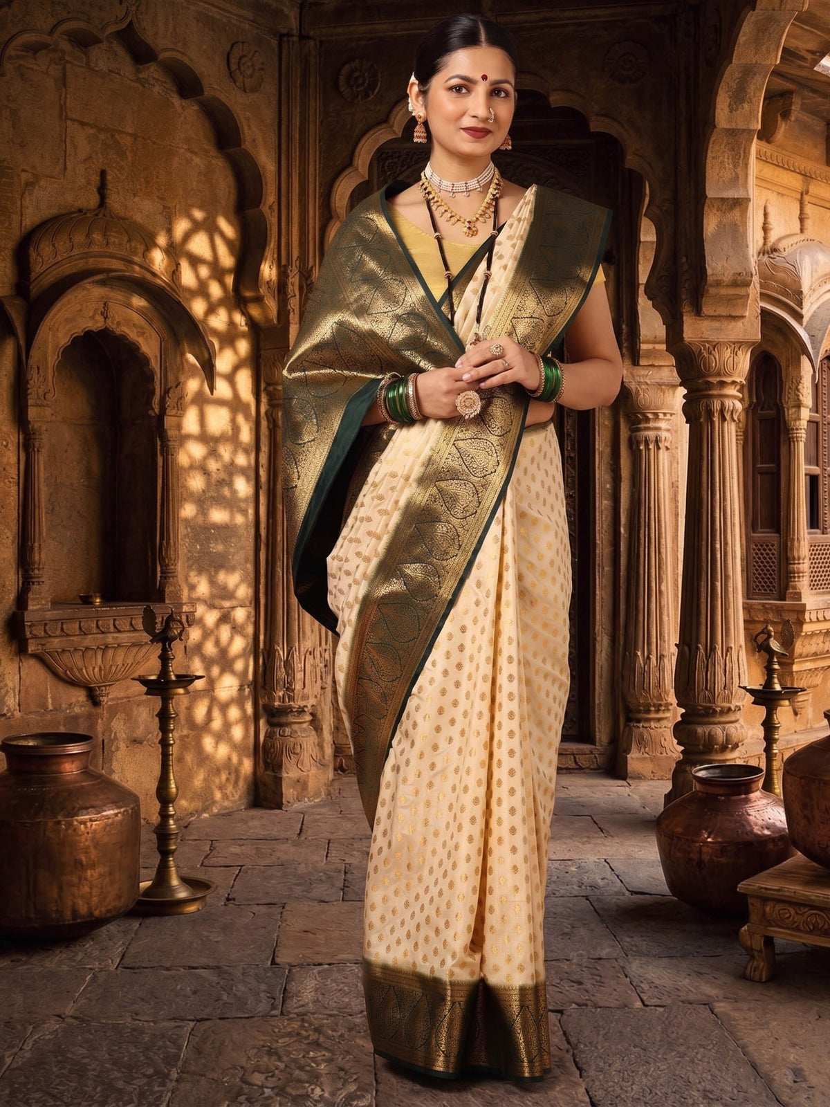 Off White Green Woven Design Balaton Saree
