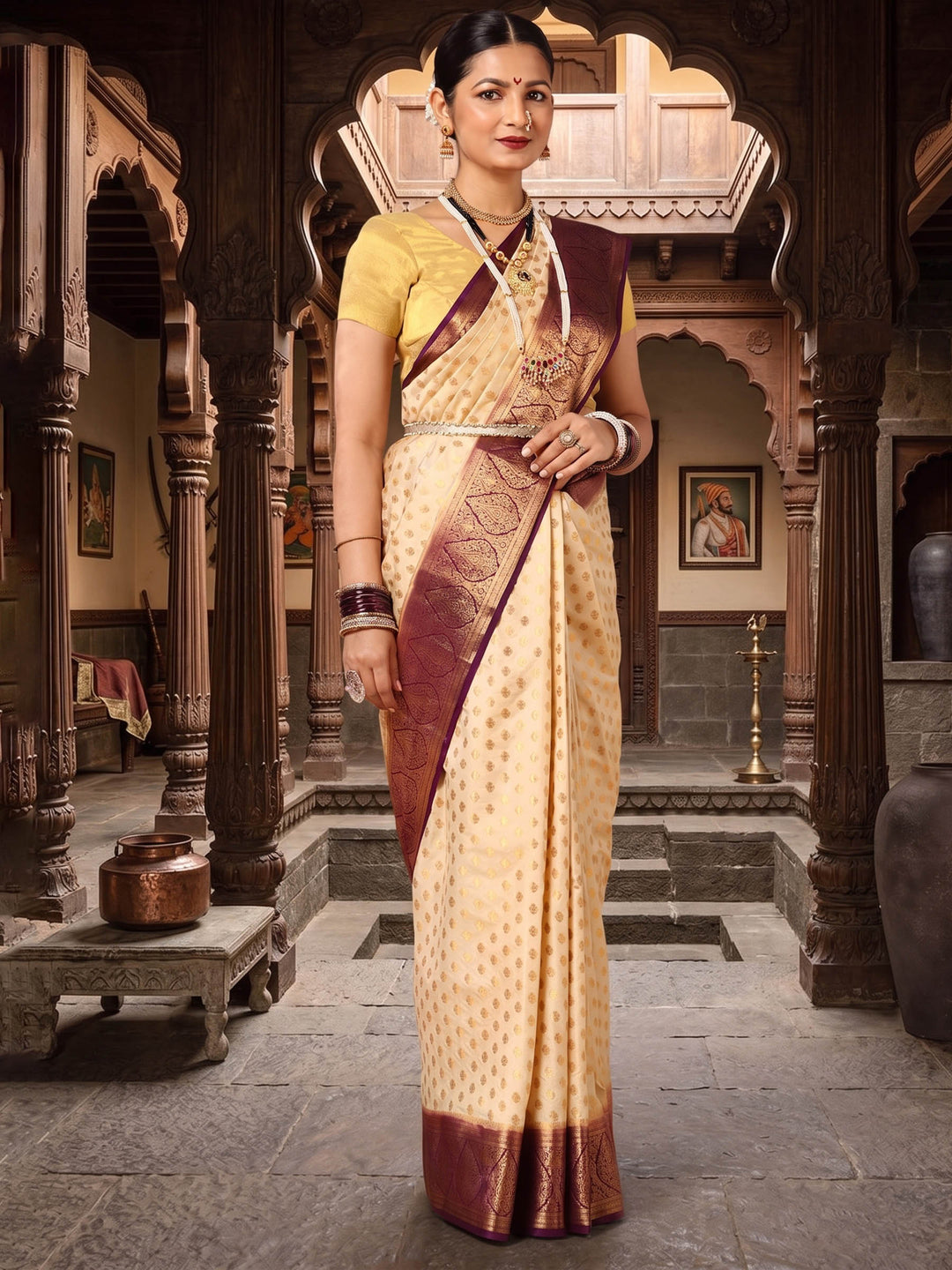 Off White Maroon Woven Design Balaton Saree