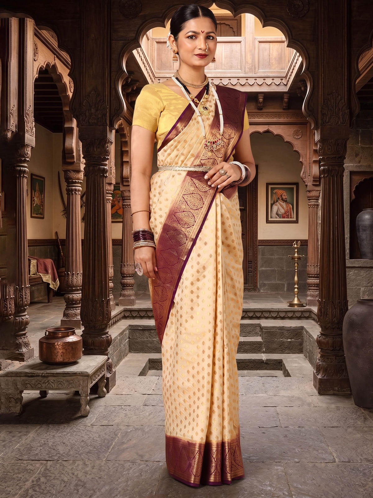 Off White Maroon Woven Design Balaton Saree