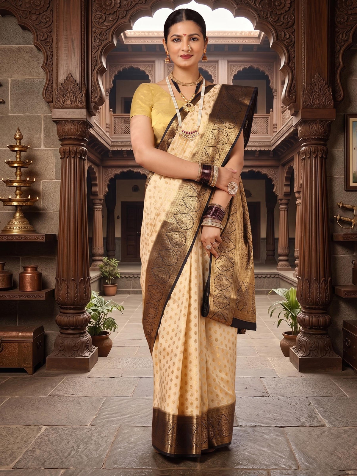 Off White Navy Woven Design Balaton Saree