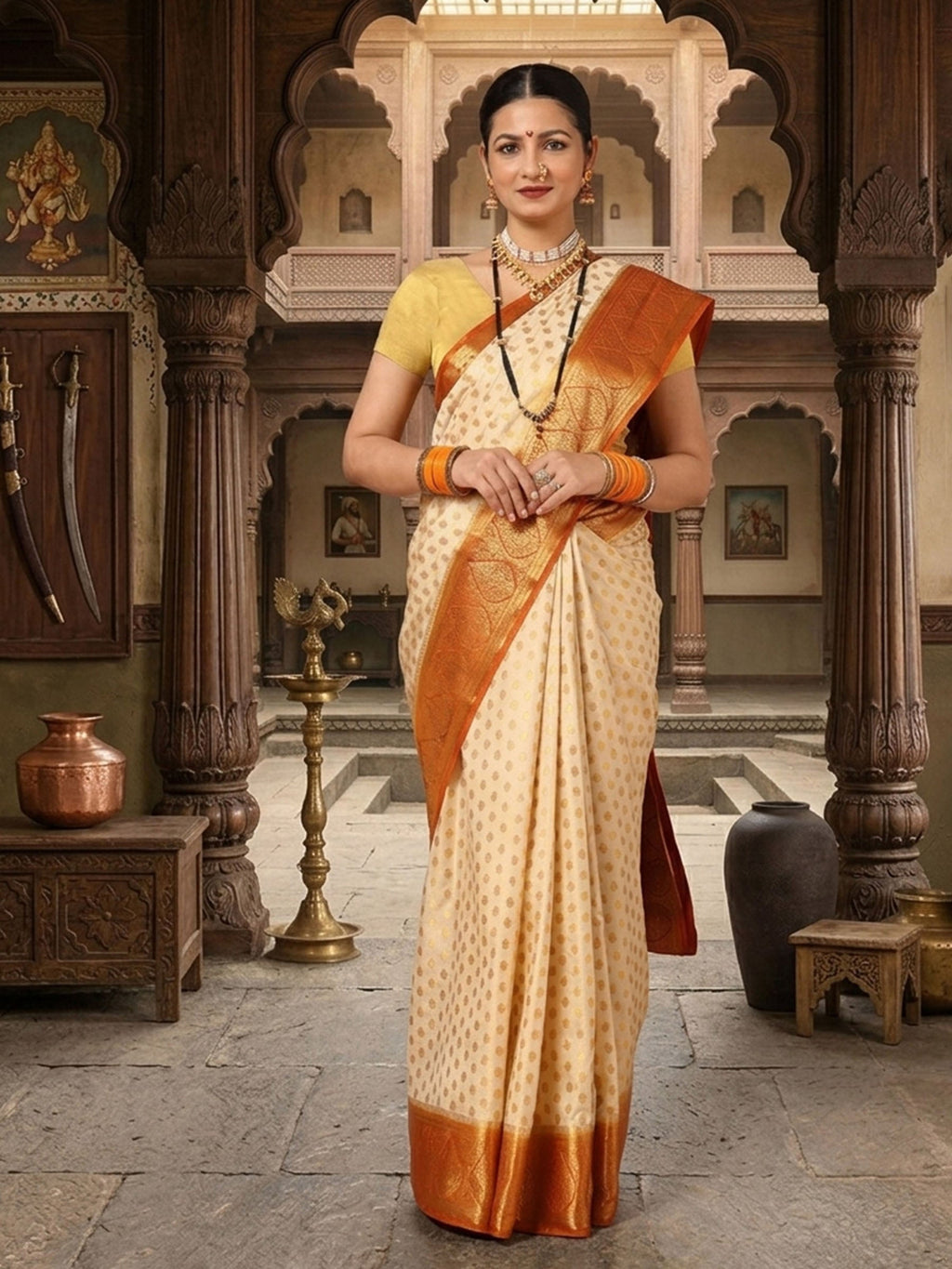 Off White Orange Woven Design Balaton Saree