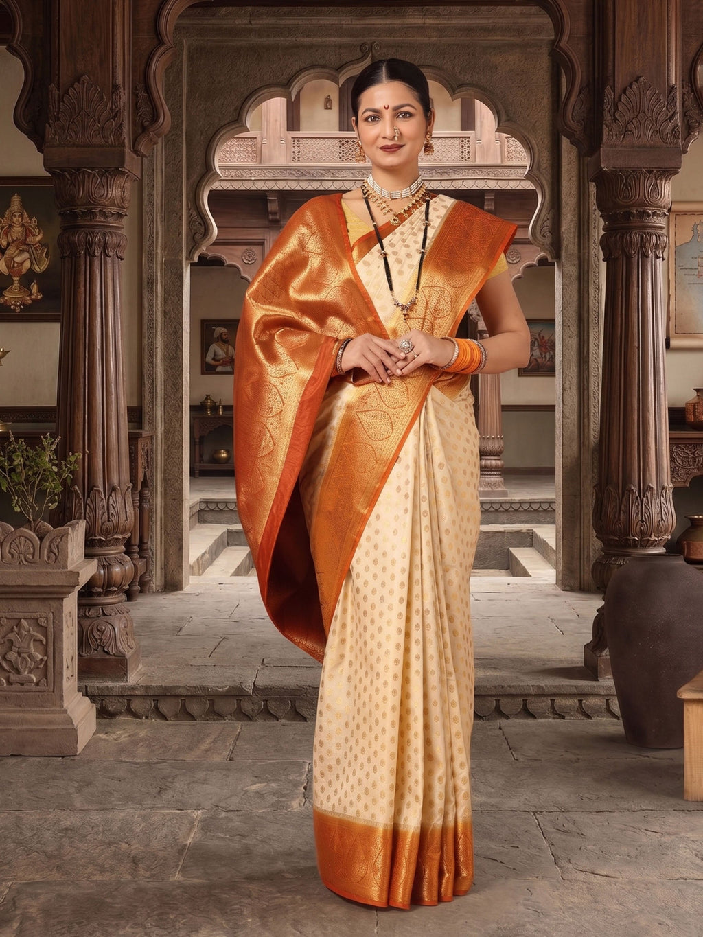 Off White Orange Woven Design Balaton Saree