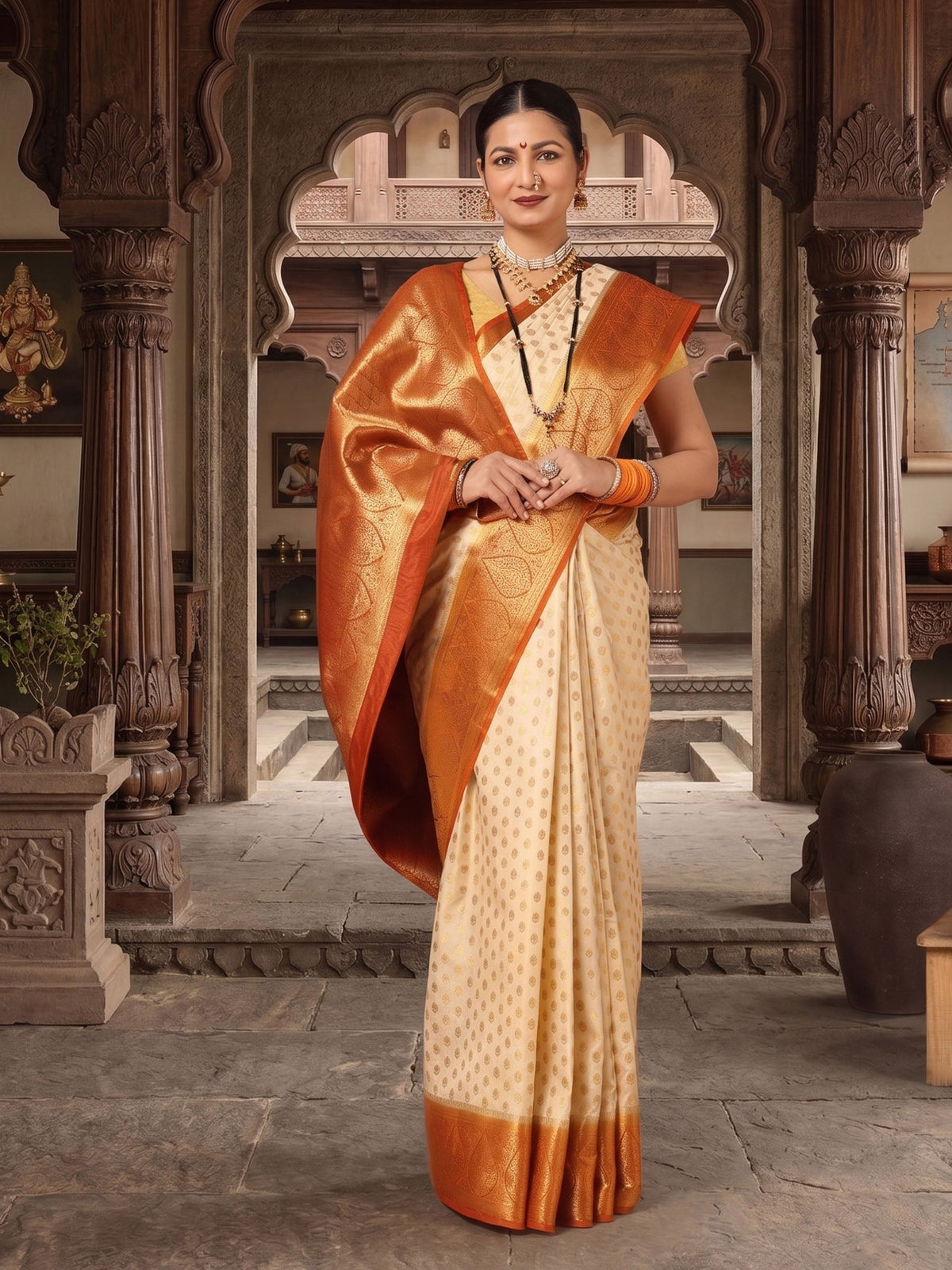 Off White Orange Woven Design Balaton Saree