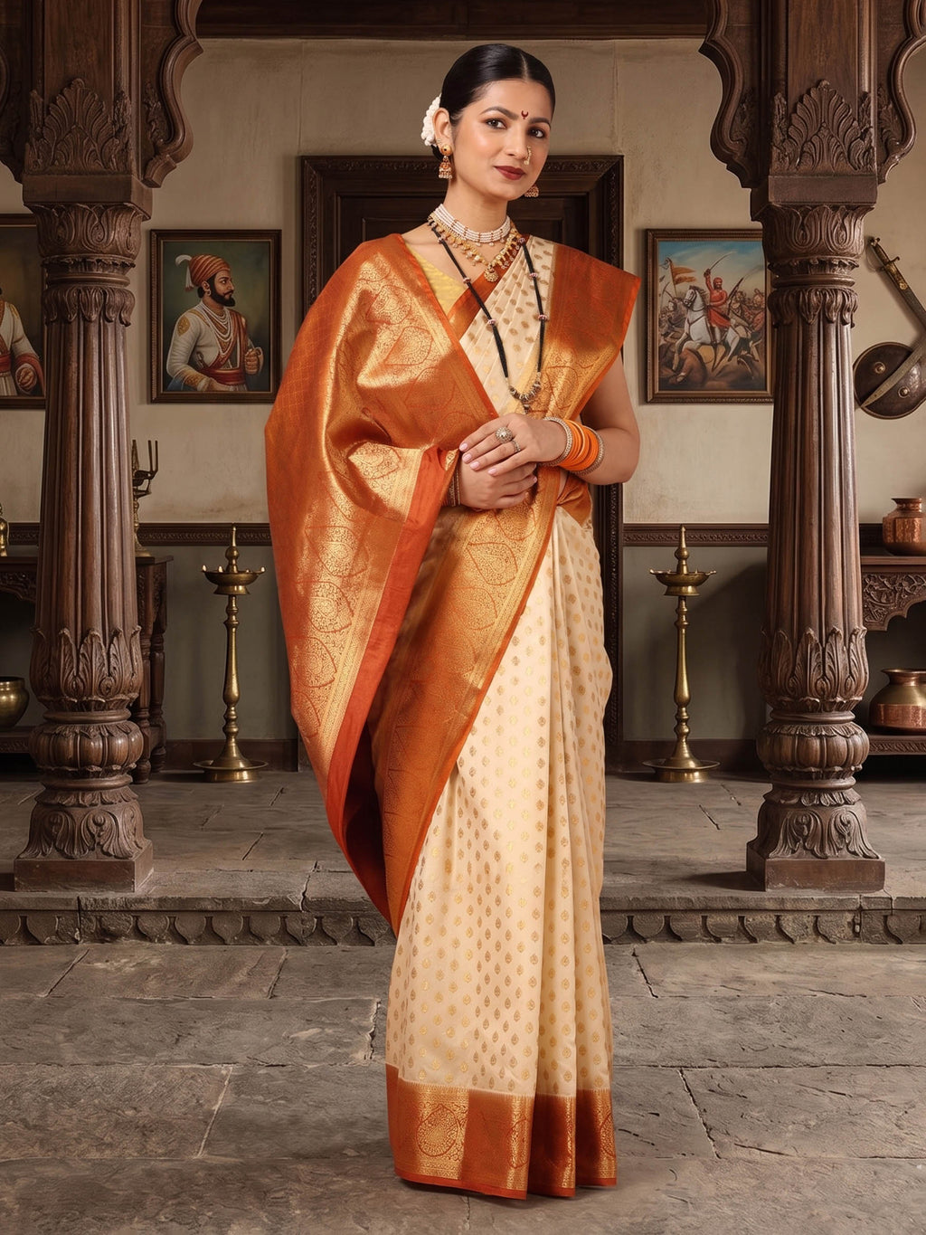Off White Orange Woven Design Balaton Saree
