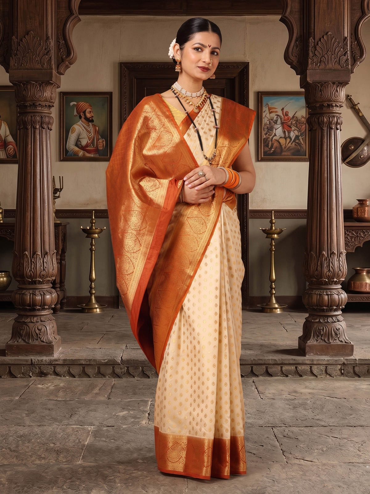 Off White Orange Woven Design Balaton Saree