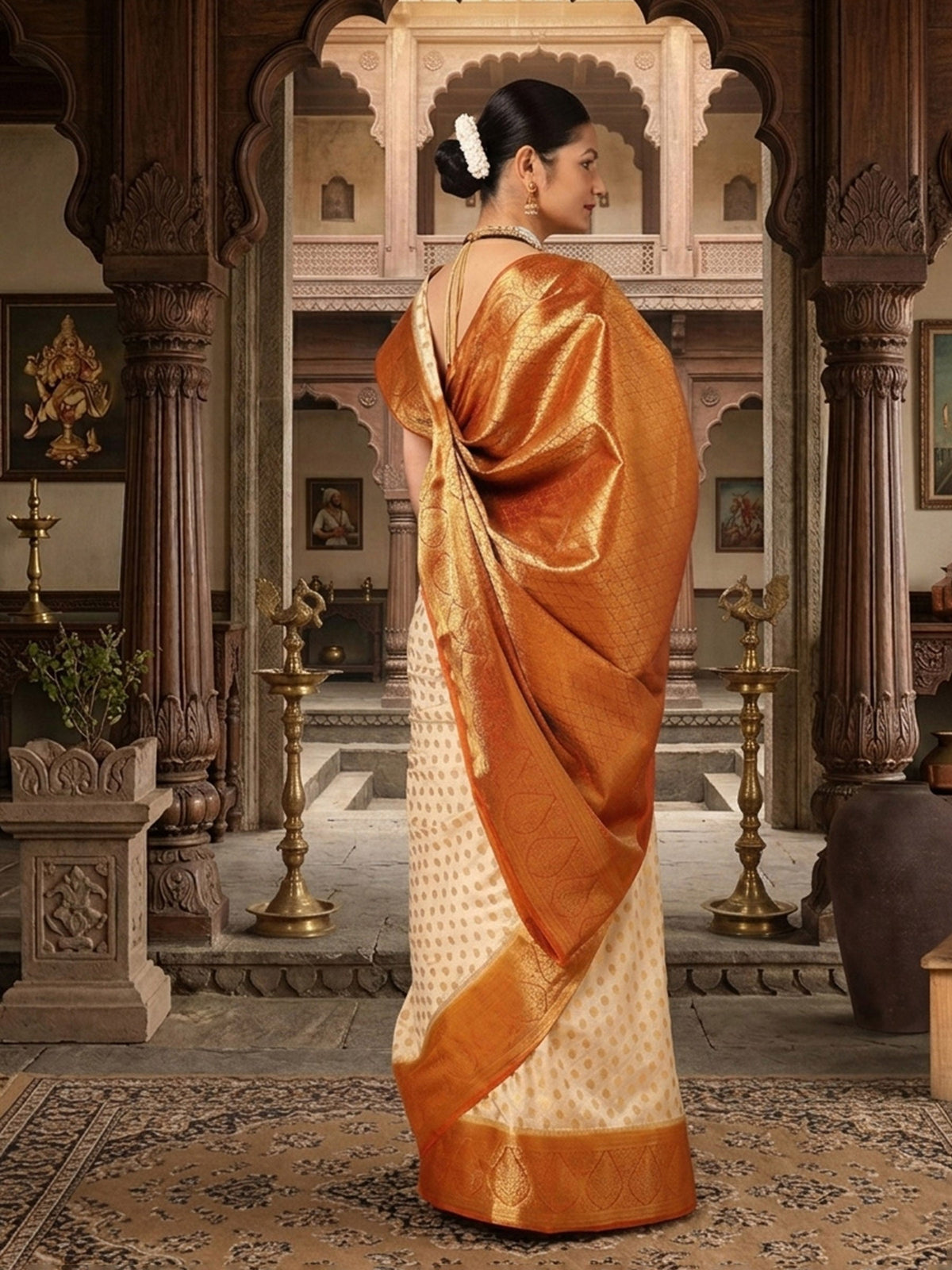 Off White Orange Woven Design Balaton Saree