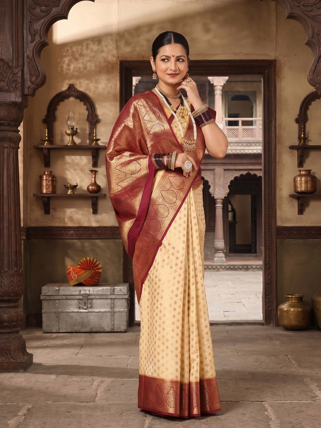 Off White Red Woven Design Balaton Saree